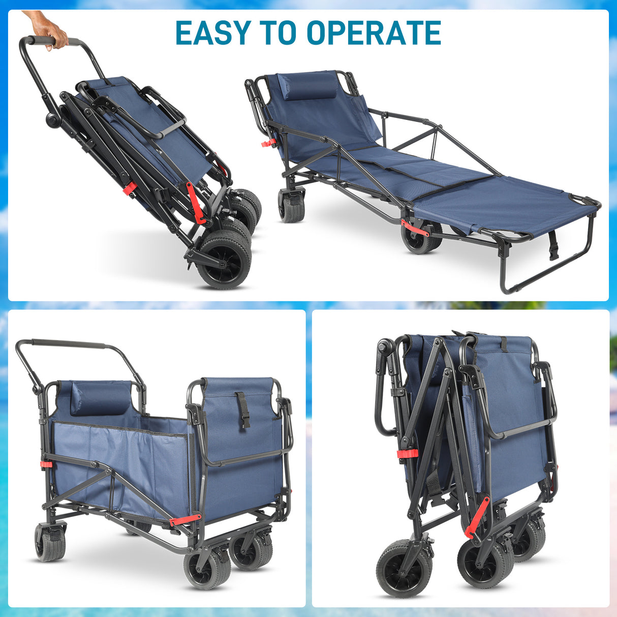 Collapsible Folding Wagon Cart, Convertible beach chair, Large Capacity Camping Wagon, Can hold up to 400 lbs, All Terrain Foldable Wagon, Heavy Duty Utility Wagon Cart For Grocery Outdoor Beach Gardening Shopping Fishing