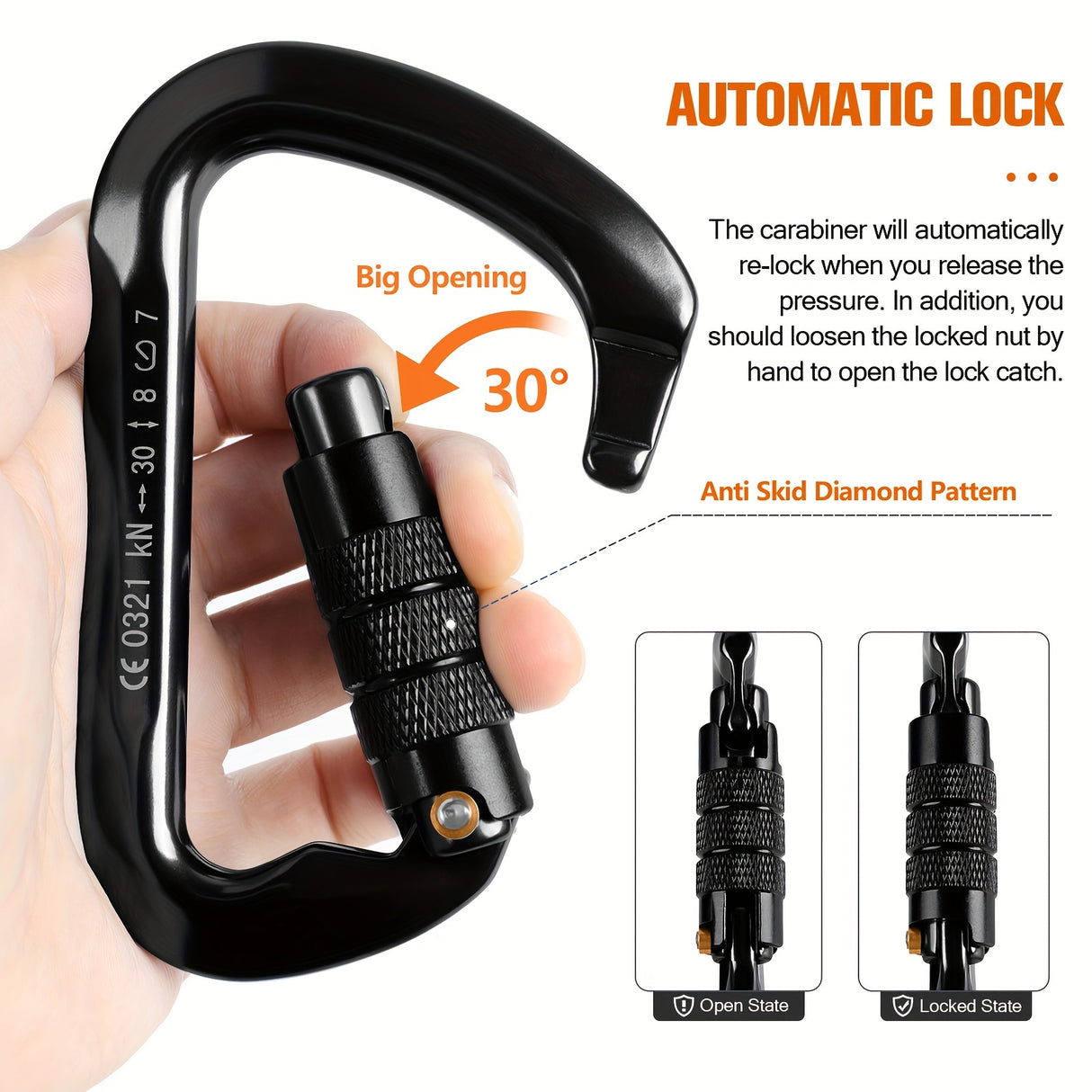 4pcs Heavy Duty 30KN Auto-Locking Carabiners - Lightweight Aluminum, D-Shaped Twist Lock for Hammocks & Outdoor Adventures