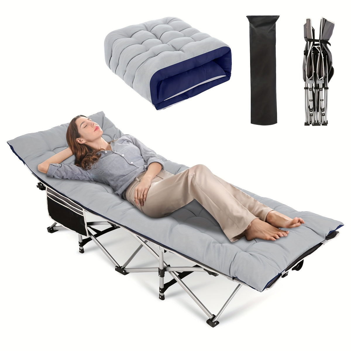 Camping Sleeping Cots with cotton-padded/Velvet Mattress, 900lbs Double Layer Oxford Portable Folding Cots for Garden, Camping, Hiking, Outdoor, Home, Office, Lightweight, Stable, Durable