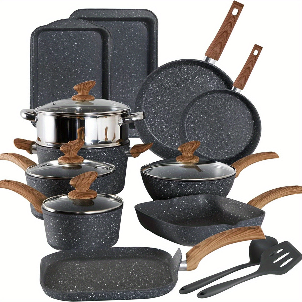 17-Piece Premium Green Granite Induction Cookware Set - Durable Aluminum Non-Stick Pots and Pans Set with Heat-Resistant Handles - PHIVILLA Brand, Easy Cleaning, and Even Heat Distribution