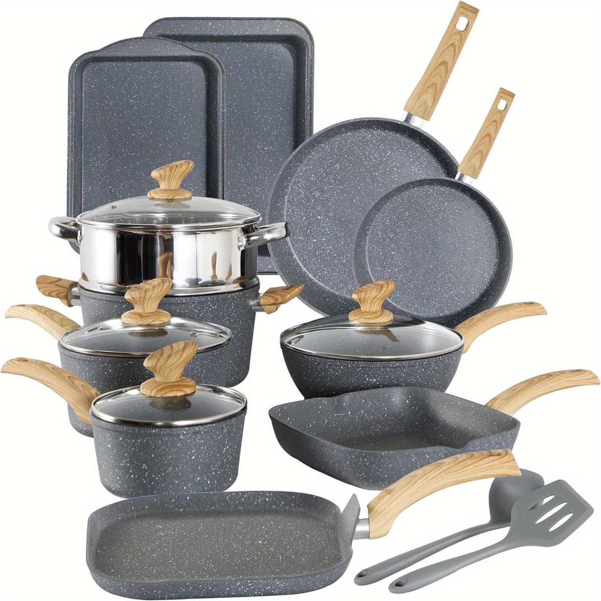 17-Piece Premium Green Granite Induction Cookware Set - Durable Aluminum Non-Stick Pots and Pans Set with Heat-Resistant Handles - PHIVILLA Brand, Easy Cleaning, and Even Heat Distribution