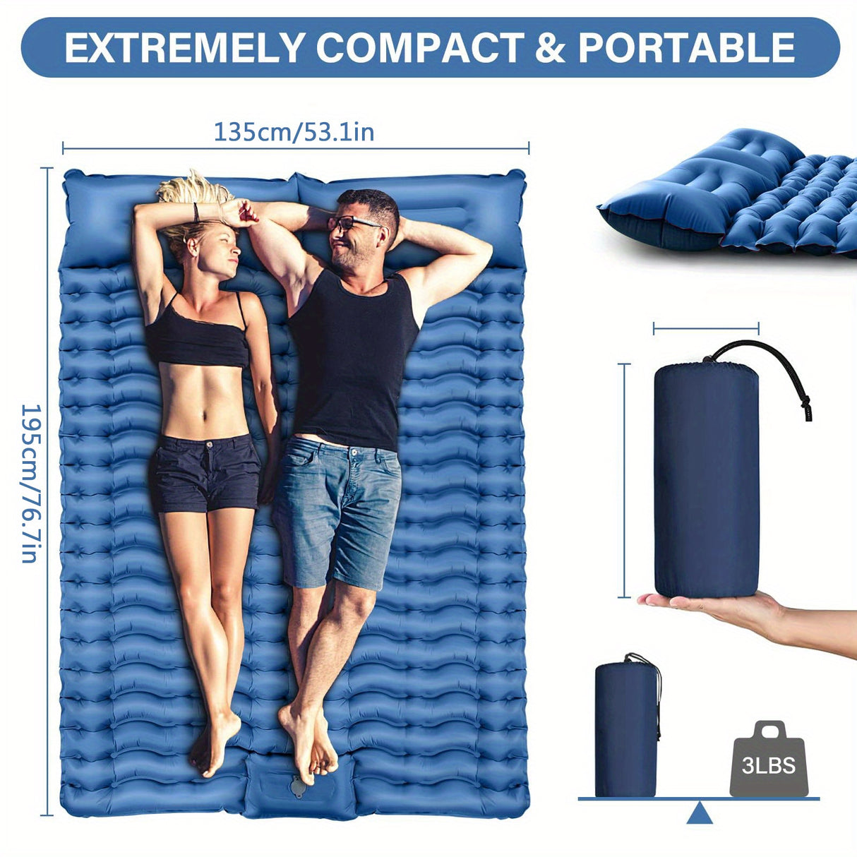 [Thick Self-Inflating Sleeping Pad] 4" Extra-Thick Double Sleeping Pad - Self Inflating for 2 Person with Pillow and Foot Pump - Portable Camping Mat