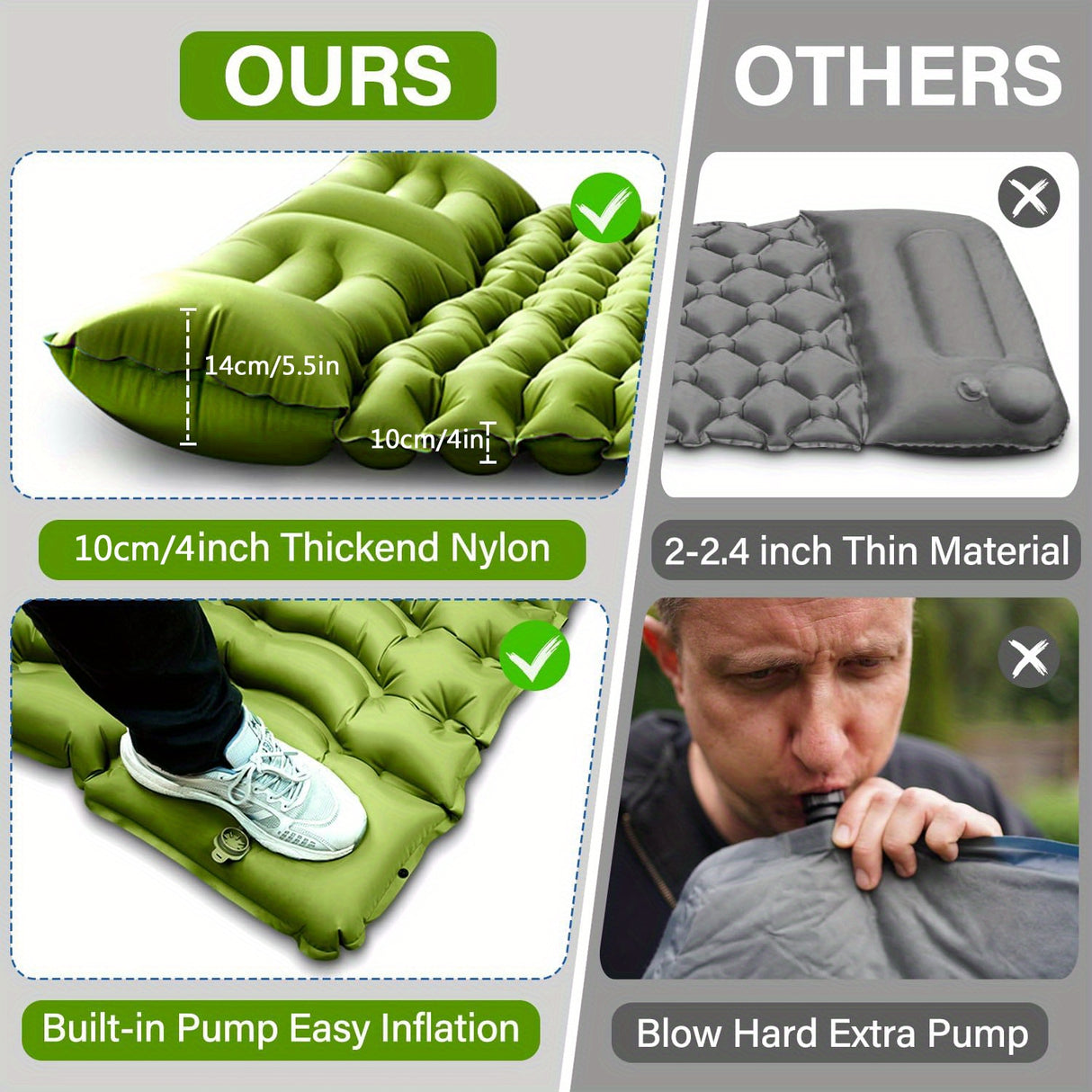 [Thick Self-Inflating Sleeping Pad] 4" Extra-Thick Double Sleeping Pad - Self Inflating for 2 Person with Pillow and Foot Pump - Portable Camping Mat