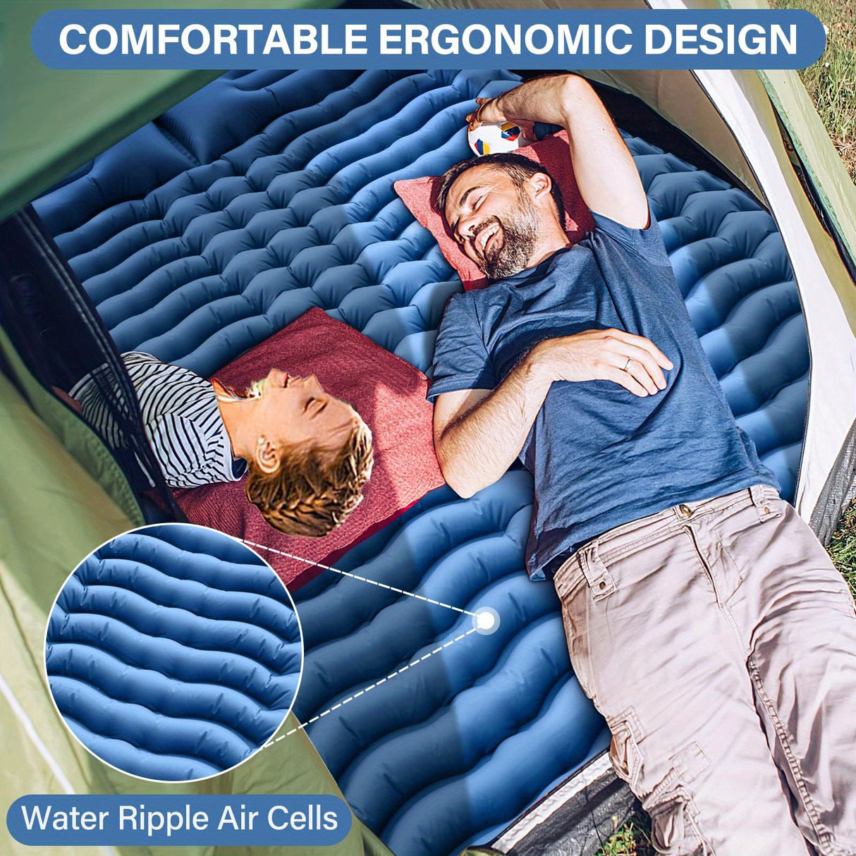 [Thick Self-Inflating Sleeping Pad] 4" Extra-Thick Double Sleeping Pad - Self Inflating for 2 Person with Pillow and Foot Pump - Portable Camping Mat
