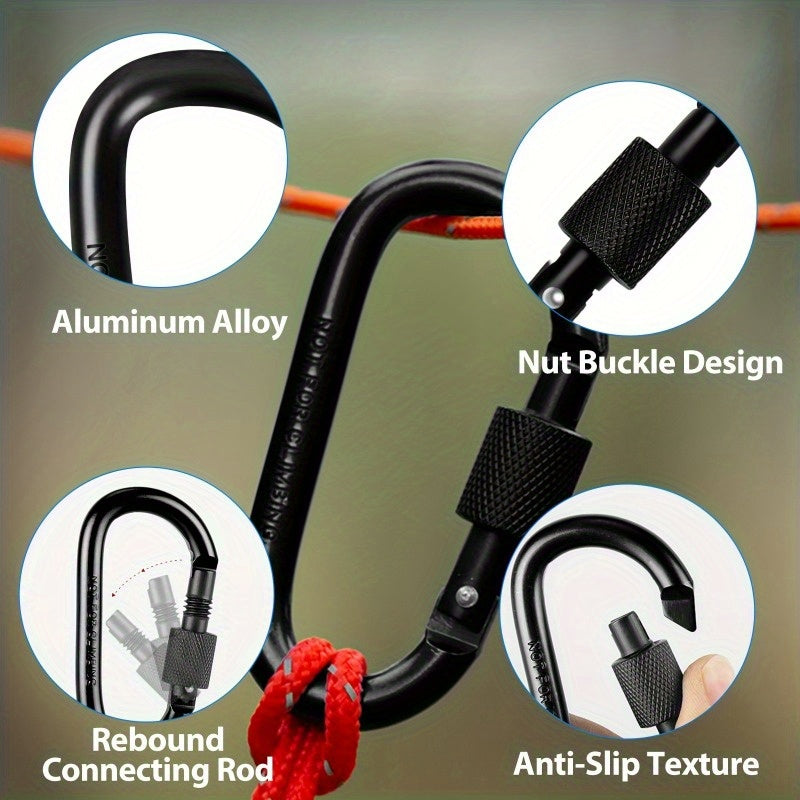 6 Pcs D-Shaped Spring Hook Carabiners with Screw Gate, Black Aluminum Alloy Buckles for Outdoor Activities: Climbing, Camping, Hiking, Fishing, Keychain Hooks, 42 x 80mm