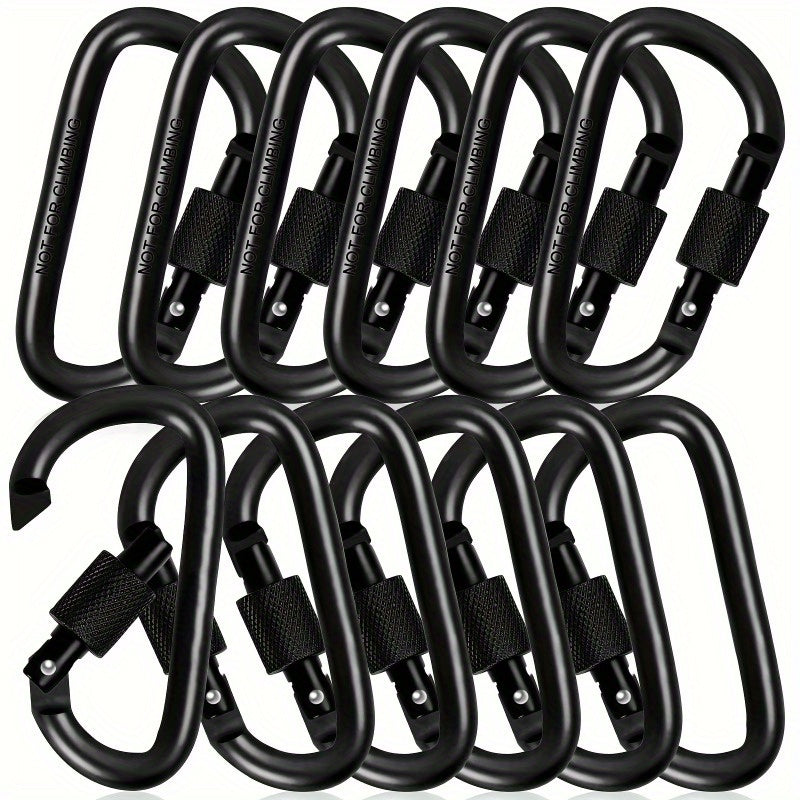 6 Pcs D-Shaped Spring Hook Carabiners with Screw Gate, Black Aluminum Alloy Buckles for Outdoor Activities: Climbing, Camping, Hiking, Fishing, Keychain Hooks, 42 x 80mm