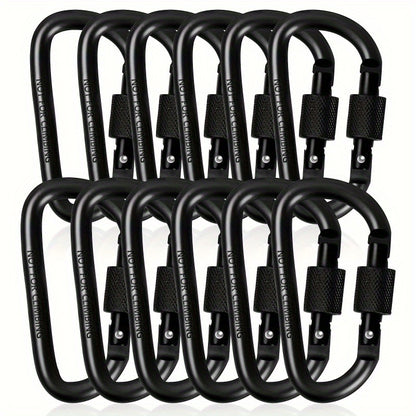 6 Pcs D-Shaped Spring Hook Carabiners with Screw Gate, Black Aluminum Alloy Buckles for Outdoor Activities: Climbing, Camping, Hiking, Fishing, Keychain Hooks, 42 x 80mm