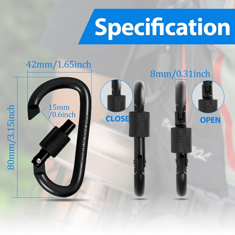 6 Pcs D-Shaped Spring Hook Carabiners with Screw Gate, Black Aluminum Alloy Buckles for Outdoor Activities: Climbing, Camping, Hiking, Fishing, Keychain Hooks, 42 x 80mm