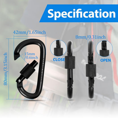 6 Pcs D-Shaped Spring Hook Carabiners with Screw Gate, Black Aluminum Alloy Buckles for Outdoor Activities: Climbing, Camping, Hiking, Fishing, Keychain Hooks, 42 x 80mm