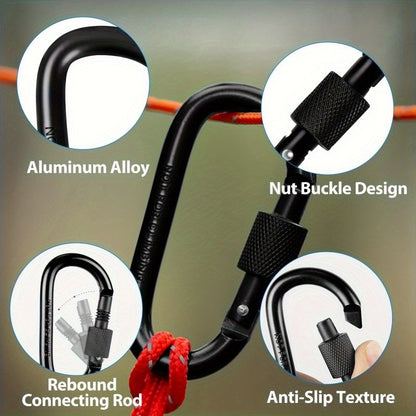 6pcs Black Aluminum Alloy D-Shaped Carabiners with Screw Gate - Perfect for Climbing, Camping, Hiking & Fishing, 42x80mm Keychain Hooks