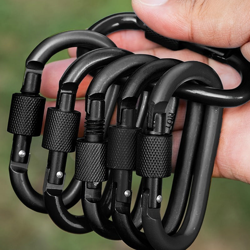 6pcs Black Aluminum Alloy D-Shaped Carabiners with Screw Gate - Perfect for Climbing, Camping, Hiking & Fishing, 42x80mm Keychain Hooks