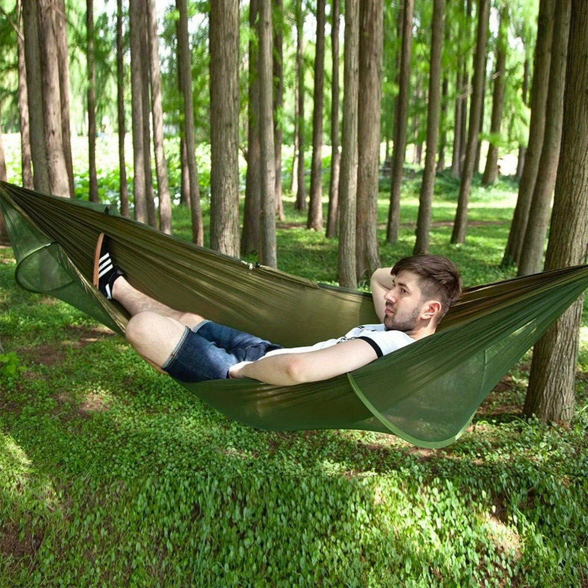Hammocks for Outside with Mosquito Net, Camping Hammock Lightweight Portable Parachute 2 Person Outdoor Hammock for Indoor Backpacking Survival Travel Patio Army Green