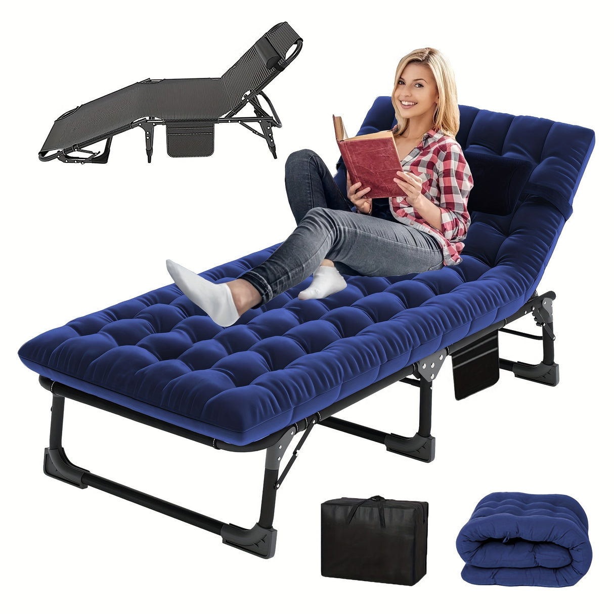 Sleeping Cots for Adults, 5-Position Folding Chaise Lounge Chairs Outdoor, Portable Folding Bed Cot Lounge Chair for Beach Lawn Camping Pool Sun Tanning