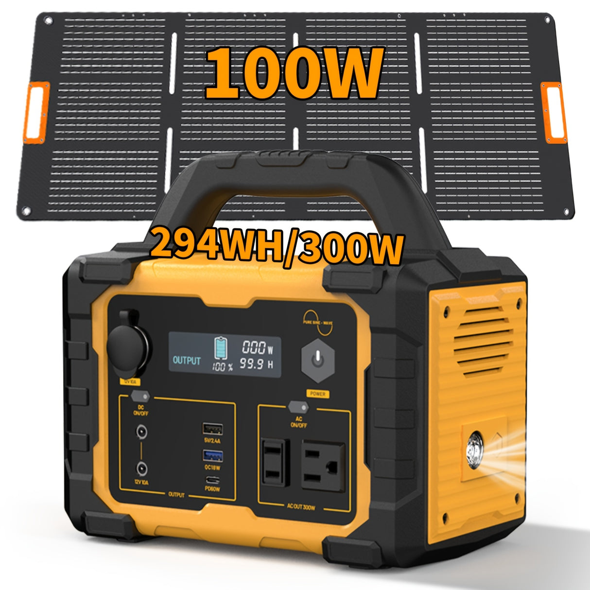 300W/294Wh Portable Power Station with Foldable Solar Panel (100W), 294Wh Solar Generator & 100W Solar Panel, Suitable for Family Emergency Outdoor Hunting Camping RV Trip
