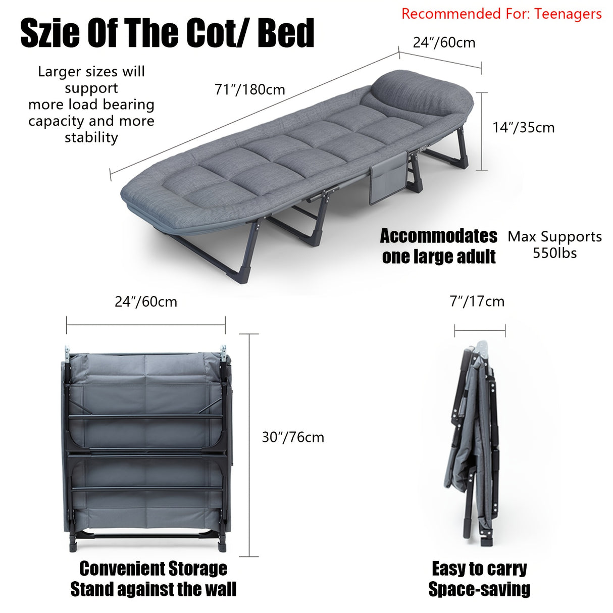 Adult Sleeping Cots/Camping Cots - 6 Adjustable Positions, Foldable Poldable Folding Cot with Blanket, 550lbs Heavy Duty Cot Bed for Camp, Travel, Room, Office