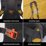 20L hiking backpack with chest buckle, zipper, and strap details