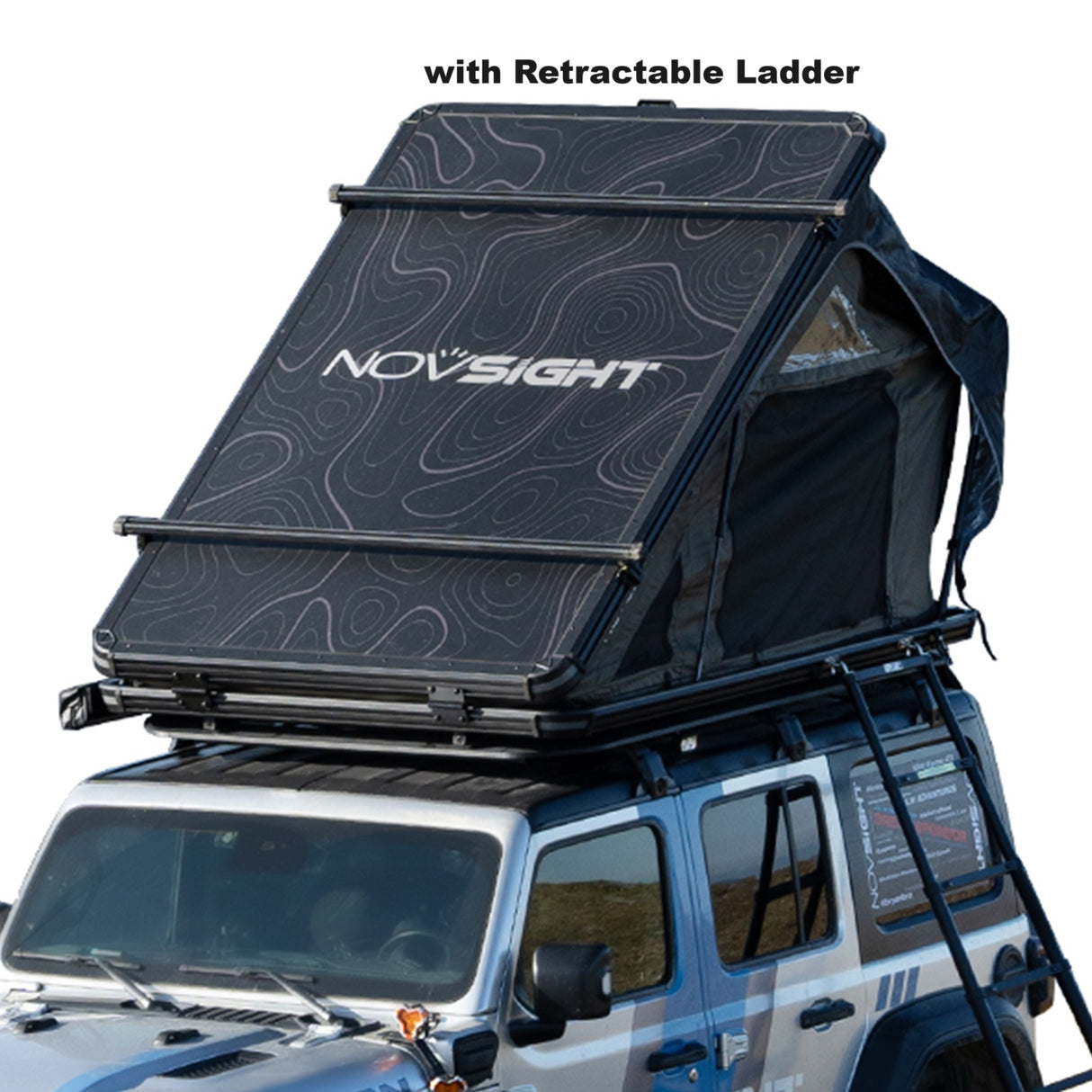 NOVSIGHT Black Roof Top Hard Shell Rooftop Tent 2-3 People Car Camping All Season with Luggage Rack Waterproof Rooftop Tent for for Jeep SUV Truck Overland Car Roof Tent For Camping with Ladder