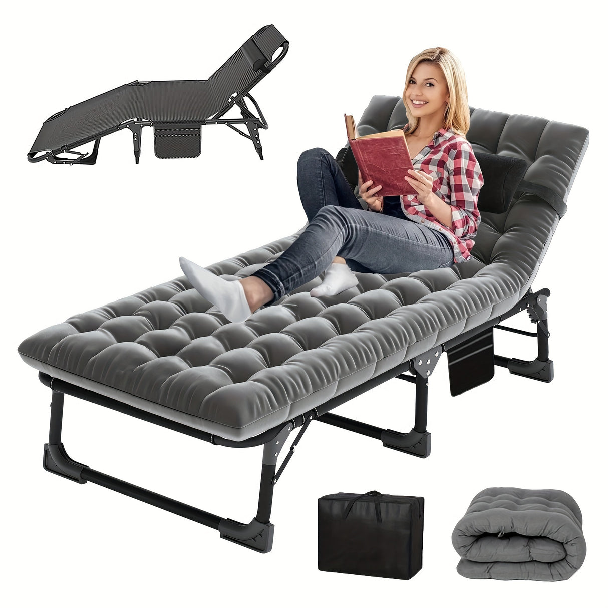 Sleeping Cots for Adults, 5-Position Folding Chaise Lounge Chairs Outdoor, Portable Folding Bed Cot Lounge Chair for Beach Lawn Camping Pool Sun Tanning