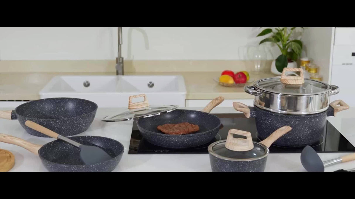 12 POTS and pans Set, Non-stick Cookware Set, Induction Cookware Non-stick Granite Cooking Set, including frying pan, pan, steamer, silicone spatula and tongs (black)