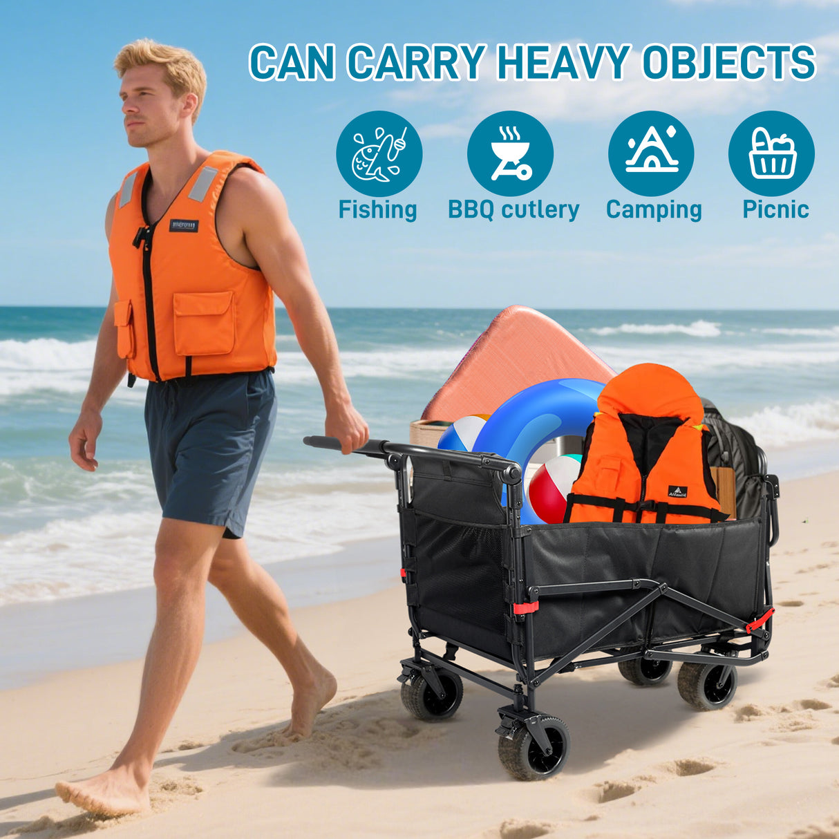 Collapsible Folding Wagon Cart, Convertible beach chair, Large Capacity Camping Wagon, Can hold up to 400 lbs, All Terrain Foldable Wagon, Heavy Duty Utility Wagon Cart For Grocery Outdoor Beach Gardening Shopping Fishing