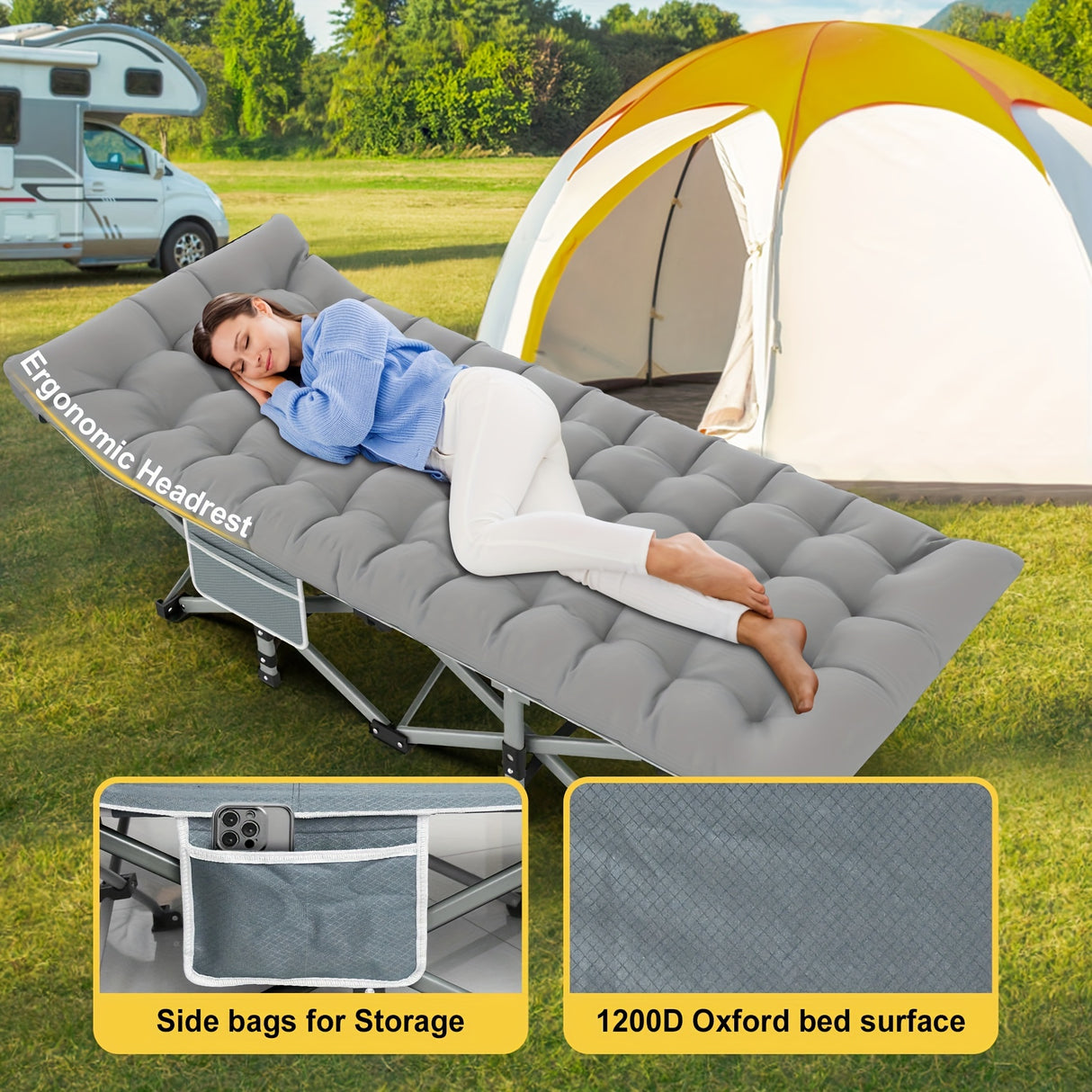 Folding Camping Cot Bed For Adults Sleeping 1200D Double Layer Oxford Portable Folding Outdoor Cots For Camping W/Soft Pad Carry Bag, Portable Travel Camp Cot Bed, Heavy Duty, For Patio, Courtyard, Lawn, And Garden, Ideal As