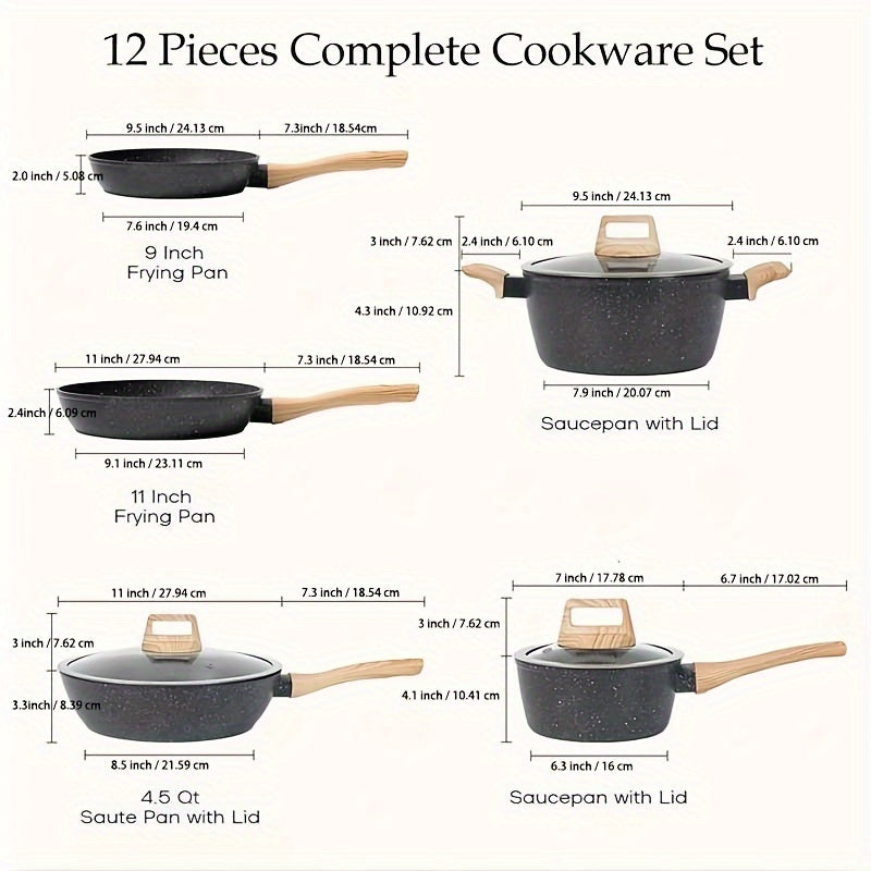 12pcs Nonstick Pots and Pans Set Granite Kitchen Cookware Set Suitable for Induction Electric and Gas Stoves Includes Frying Pans and Saucepans White