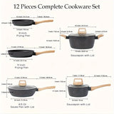 12pcs Nonstick Pots and Pans Set Granite Kitchen Cookware Set Suitable for Induction Electric and Gas Stoves Includes Frying Pans and Saucepans White