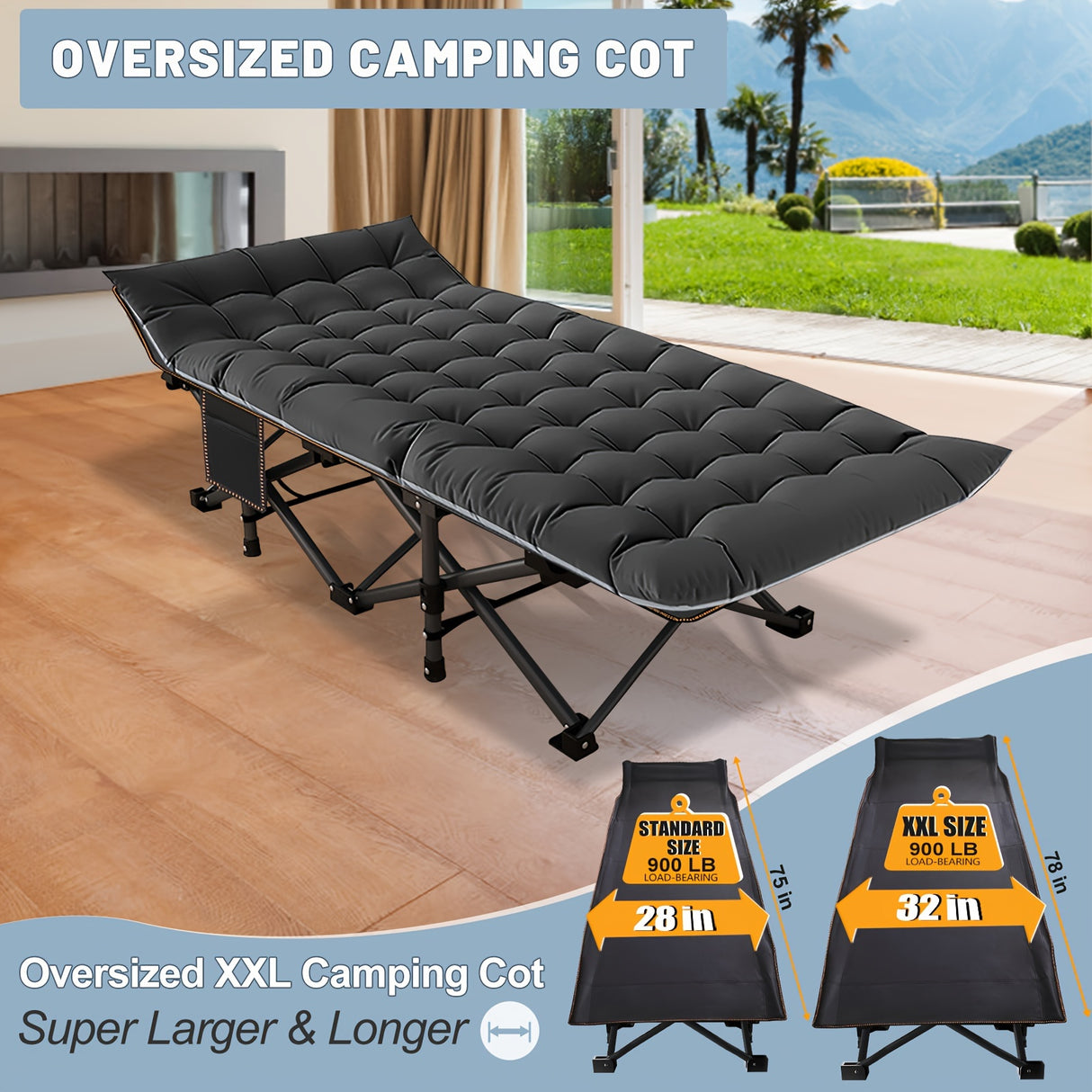LILYPELLE Oversized XL Folding Camping Cot, Heavy Duty Sleeping Cots with Carry Bag, Double Layer Oxford Portable Travel Camp Cots for Home, Office Nap and Outdoor Beach