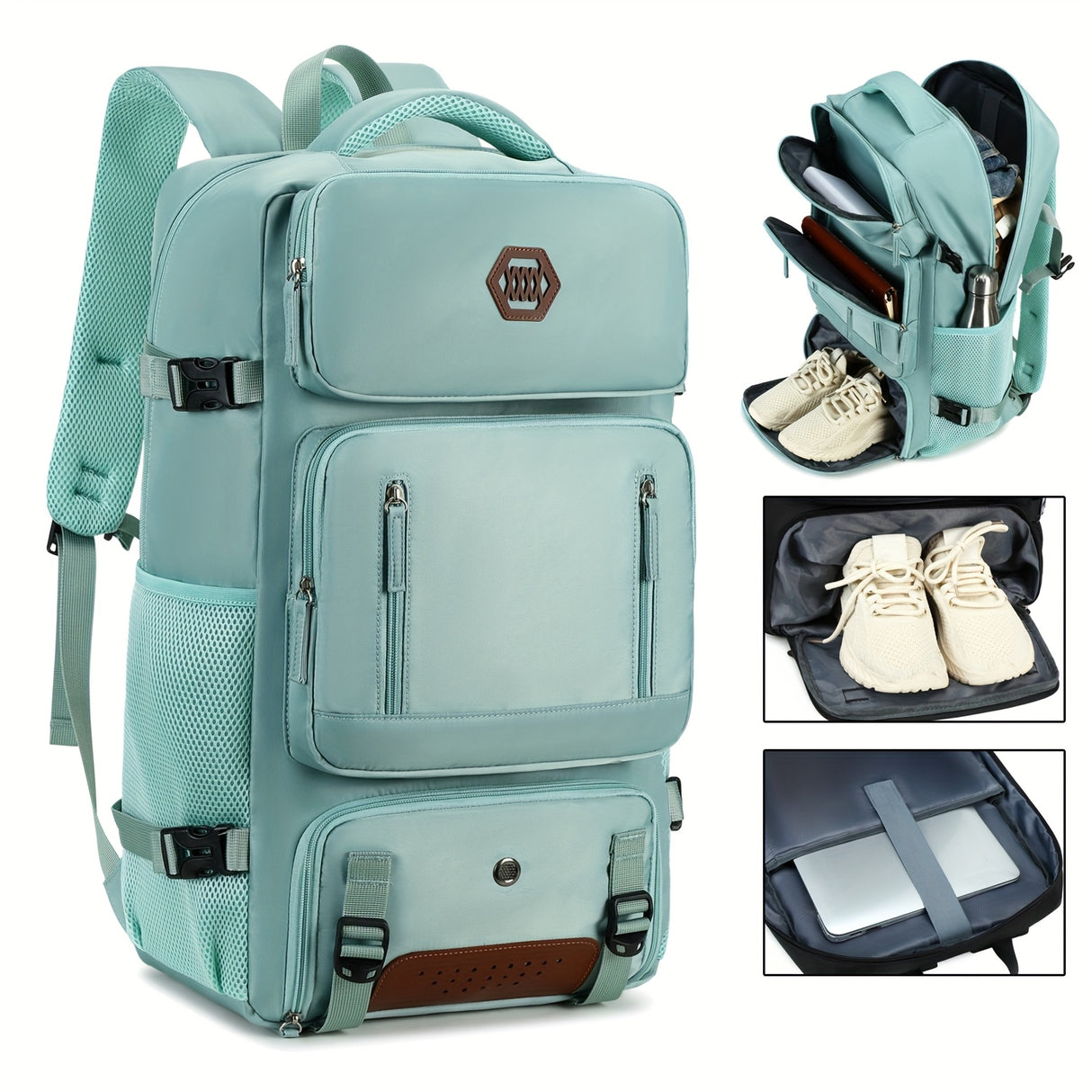 Light Blue Travel Backpack for Men and Women – Fits 17.3" Laptop, Adjustable Straps, Shoe Compartment, Breathable Mesh Back, Durable Polyester for Camping, Hiking, and Travel – Casual, Multipurpose Design