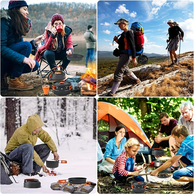 Kettle set pot 2-3 people camping pot and pan outdoor camping cookware portable combination pot set camping tableware, easy to carry and occupy little space, cooking pot, frying pan, kettle, two sets of knives and forks, fold