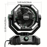 20000mAh Battery Powered Camping Fan - Dual Motor, 8-Speed Remote Control & 4 LED Lanterns, Portable Outdoor Fan with Tent Hook for Camping, Blackouts, Construction Sites