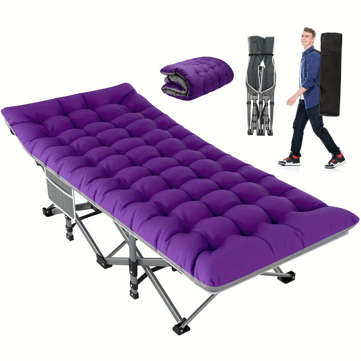 Folding Camping Cot Bed For Adults Sleeping 1200D Double Layer Oxford Portable Folding Outdoor Cots For Camping W/Soft Pad Carry Bag, Portable Travel Camp Cot Bed, Heavy Duty, For Patio, Courtyard, Lawn, And Garden, Ideal As