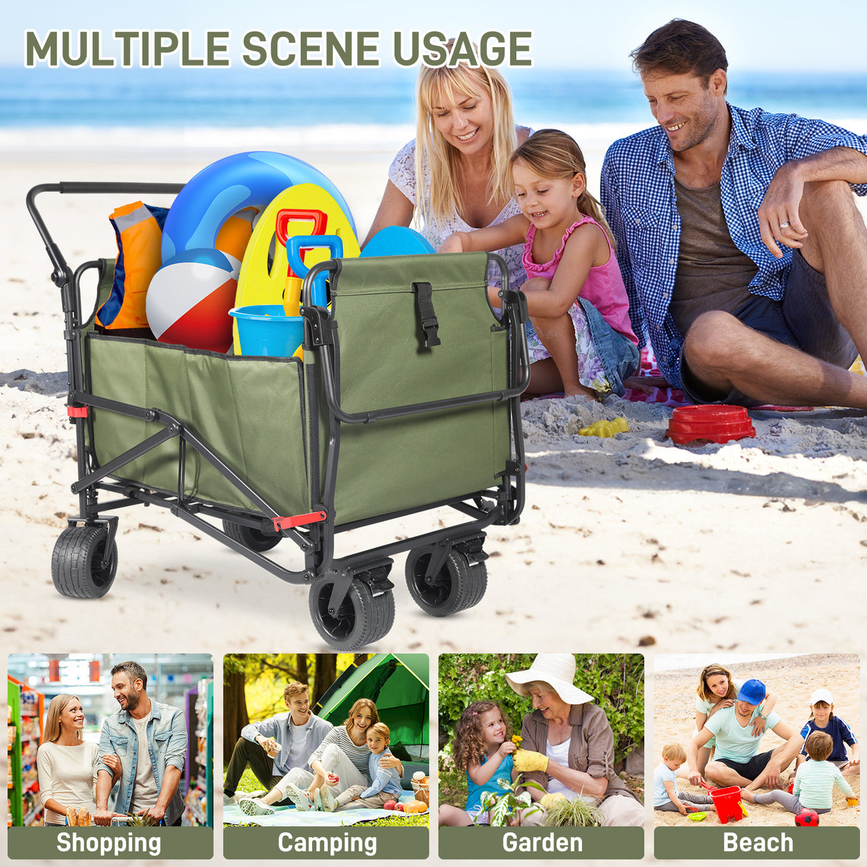 Collapsible Folding Wagon Cart, Convertible beach chair, Large Capacity Camping Wagon, Can hold up to 400 lbs, All Terrain Foldable Wagon, Heavy Duty Utility Wagon Cart For Grocery Outdoor Beach Gardening Shopping Fishing