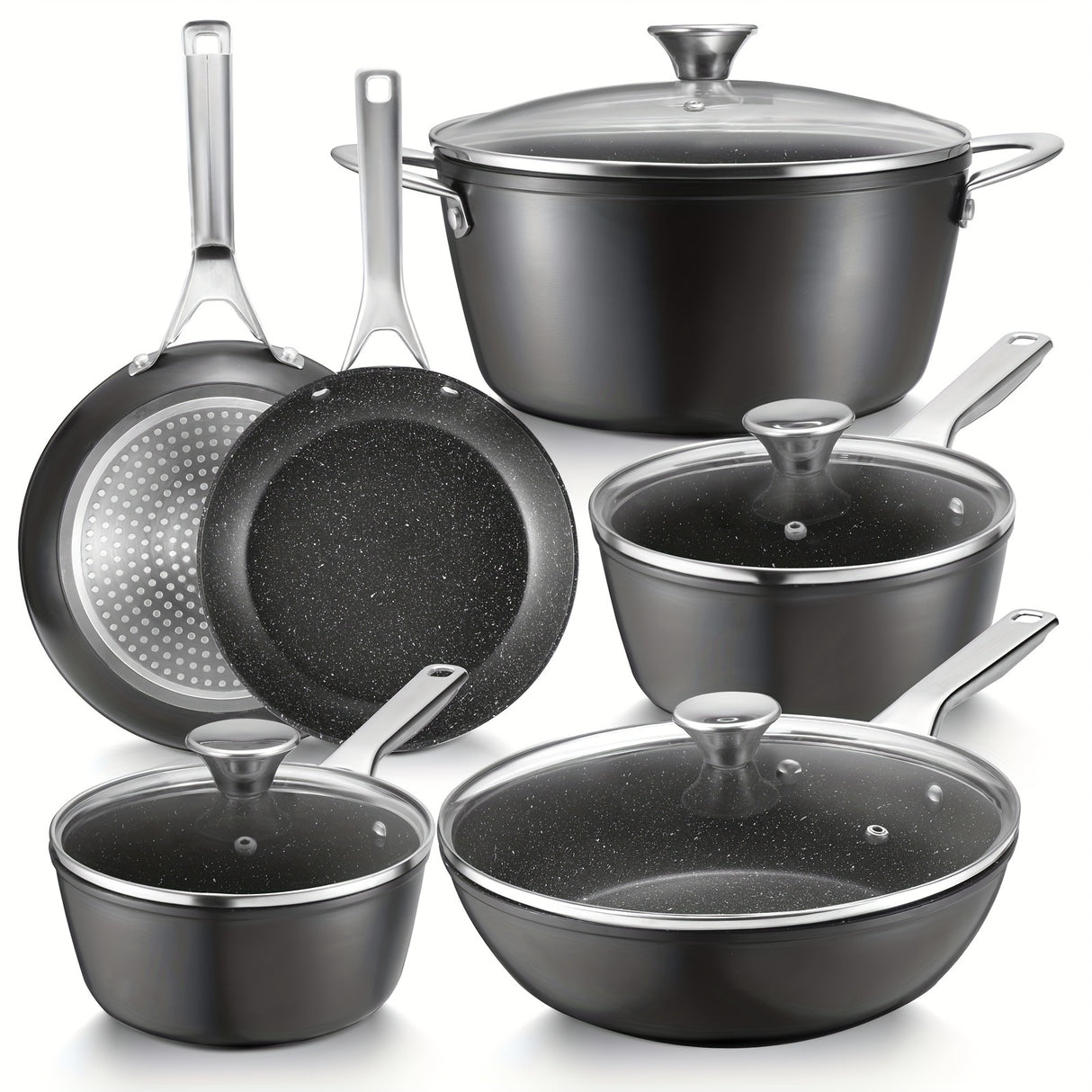 10-Piece Nonstick Induction Cookware Set - Ultra-Durable, Universally Compatible, and Dishwasher Safe - Comprehensive Kitchen Cooking Pan Set with Frying Pans, Saucepans, and Large Stockpot for Everyday Meal Preparation