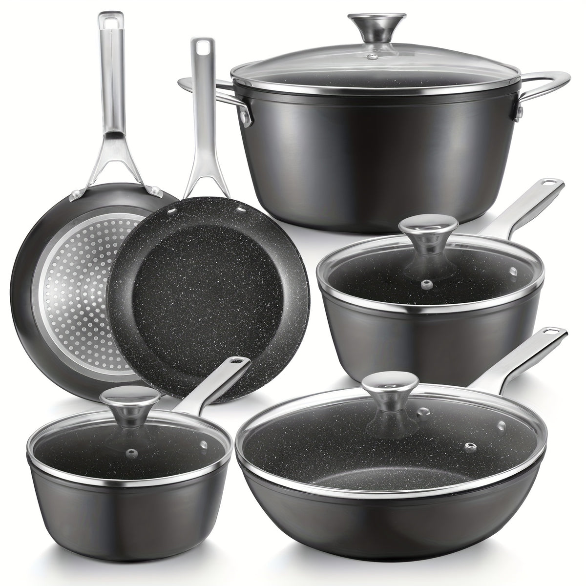 10-Piece Deluxe Induction Cookware Set - Non-Stick, Dishwasher/Oven Safe, Compatible with All Stoves, Frying Pans, Saucepans, Stockpot, and More - Premium Kitchen Cooking Essentials for Home Chefs