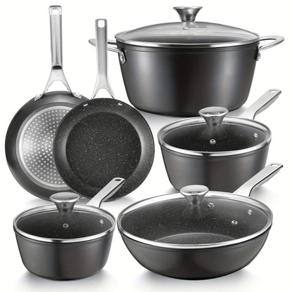 10-Piece Deluxe Induction Cookware Set - Non-Stick, Dishwasher/Oven Safe, Compatible with All Stoves, Frying Pans, Saucepans, Stockpot, and More - Premium Kitchen Cooking Essentials for Home Chefs