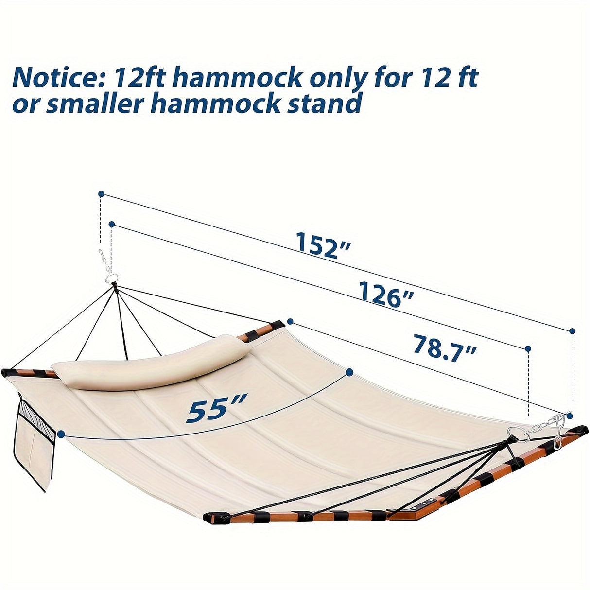 Deluxe 12ft 2-Person Beige Hammock with V-Shaped Hardwood Spreader Bar & Durable Nylon Rope - 450LB Capacity, Quick-Dry Fabric for Patio, Garden, Backyard, Beach & Poolside Relaxation, Hammocks for Outside