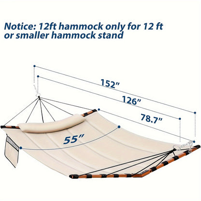 Deluxe 12ft 2-Person Beige Hammock with V-Shaped Hardwood Spreader Bar & Durable Nylon Rope - 450LB Capacity, Quick-Dry Fabric for Patio, Garden, Backyard, Beach & Poolside Relaxation, Hammocks for Outside