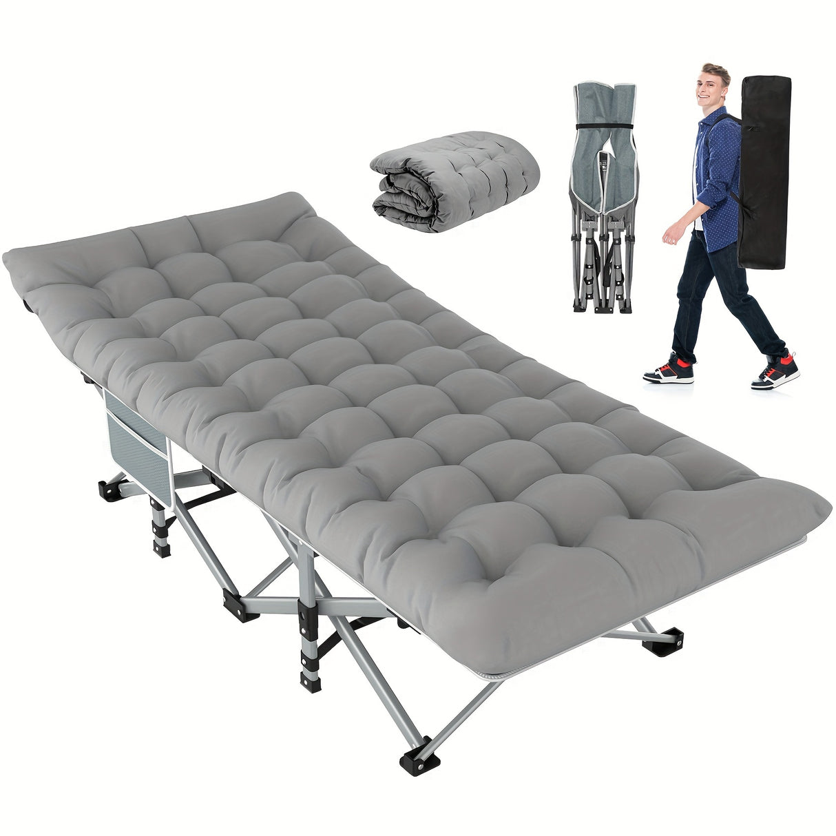 Folding Camping Cot Bed For Adults Sleeping 1200D Double Layer Oxford Portable Folding Outdoor Cots For Camping W/Soft Pad Carry Bag, Portable Travel Camp Cot Bed, Heavy Duty, For Patio, Courtyard, Lawn, And Garden, Ideal As