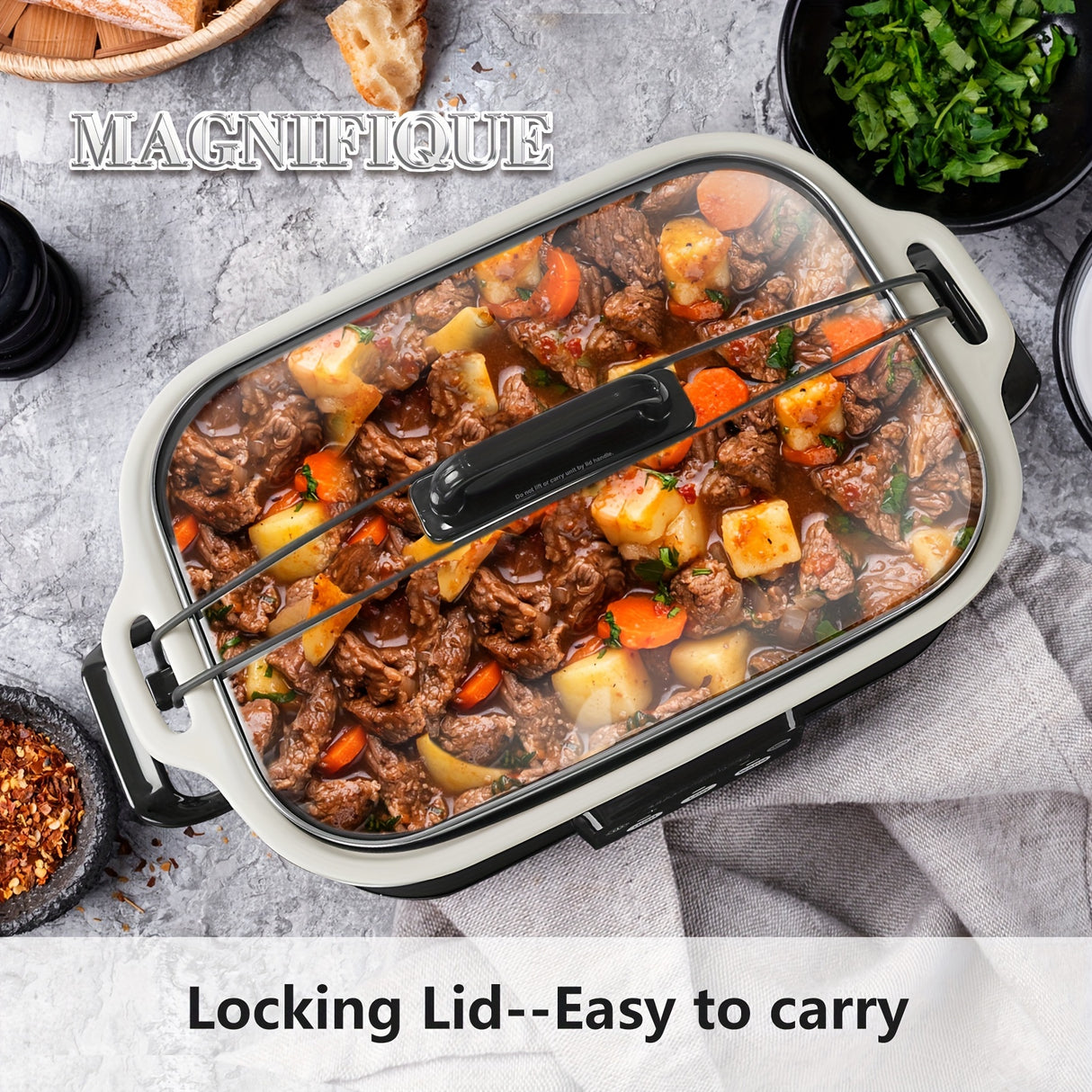 MAGNIFIQUE Compact 4 Quart Slow Cooker and Oven - Programmable Slow Cooker with Ceramic baking dish, with Dial Knob & Keep-Warm, Energy-Efficient 260W, Space-Saving Design for Small Kitchens, Lasagna, Roasts, Stovetop-to-Oven