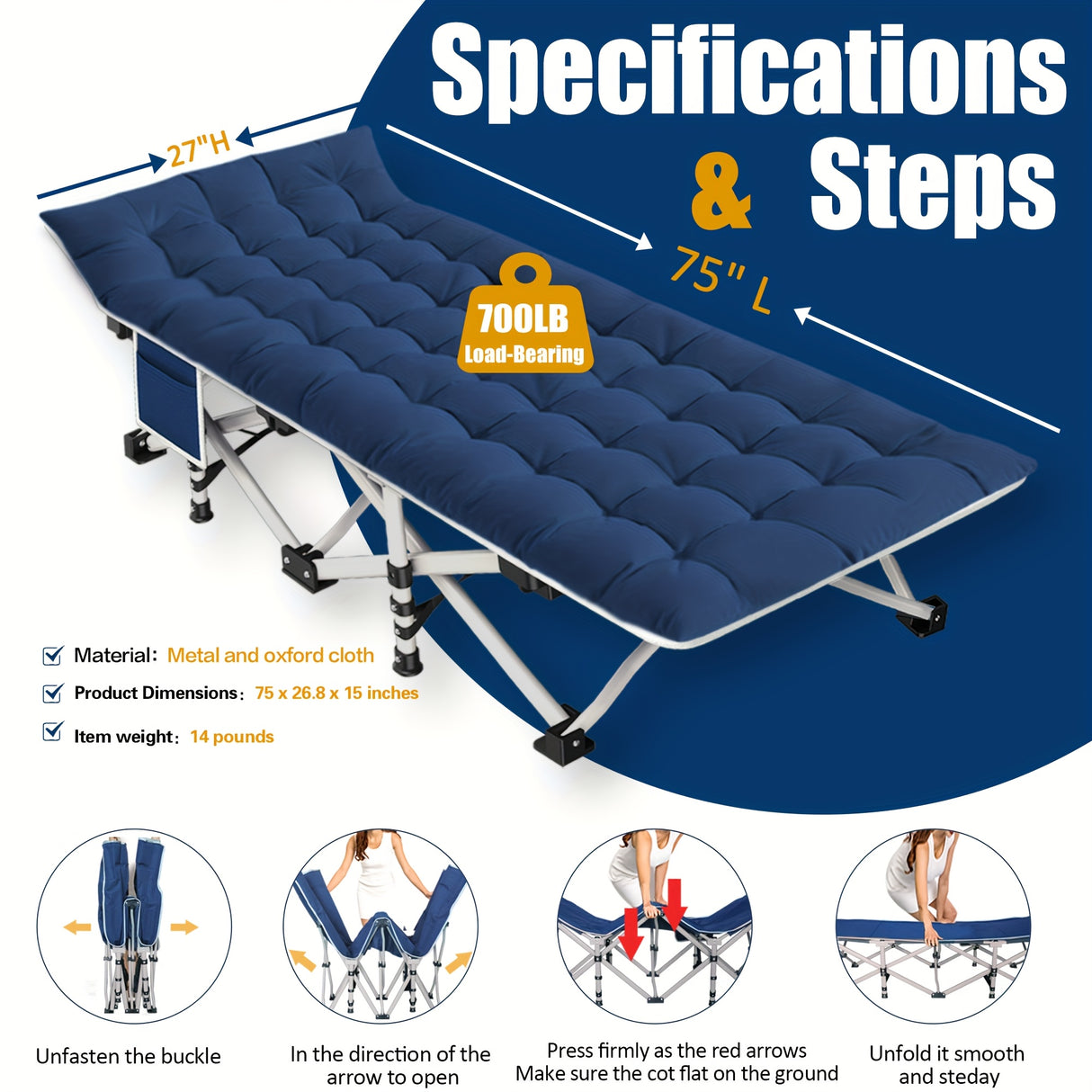 Oversize XXL Folding Camping Cot Extra Wide Heavy Duty Guest Bed with Mattress Max Load 700lbs Cots for Sleeping for Adults Kids Portable Bed Travel for Outdoor Beach Garden Fishing Vacation 79" L X 32" W X 18" H Camping Hunt