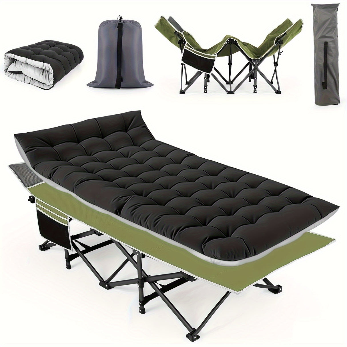 Camping Cots for Adults with Mattress, Chaise Lounges Folding Outdoor Camping Travel Cot with Pad 900LBS(Max Load), Lightweight, Stable, Durable Folding Bed with Carrying Bag