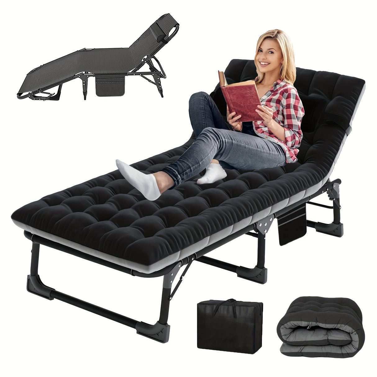 Sleeping Cots for Adults, 5-Position Folding Chaise Lounge Chairs Outdoor, Portable Folding Bed Cot Lounge Chair for Beach Lawn Camping Pool Sun Tanning