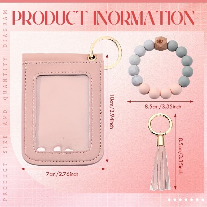 3pcs Silicone Beaded Bracelet Card Holder, Leopard Print PU Tassel Wallet Keychain, Camping Bag Accessories