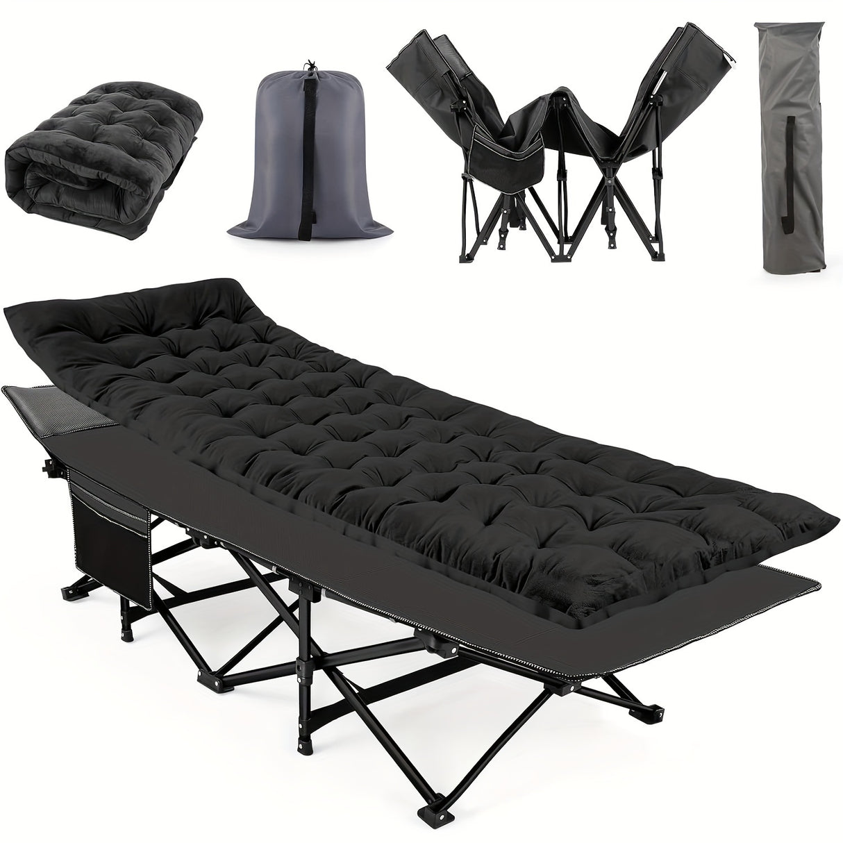 Camping Cots for Adults with Mattress, Chaise Lounges Folding Outdoor Camping Travel Cot with Pad 900LBS(Max Load), Lightweight, Stable, Durable Folding Bed with Carrying Bag