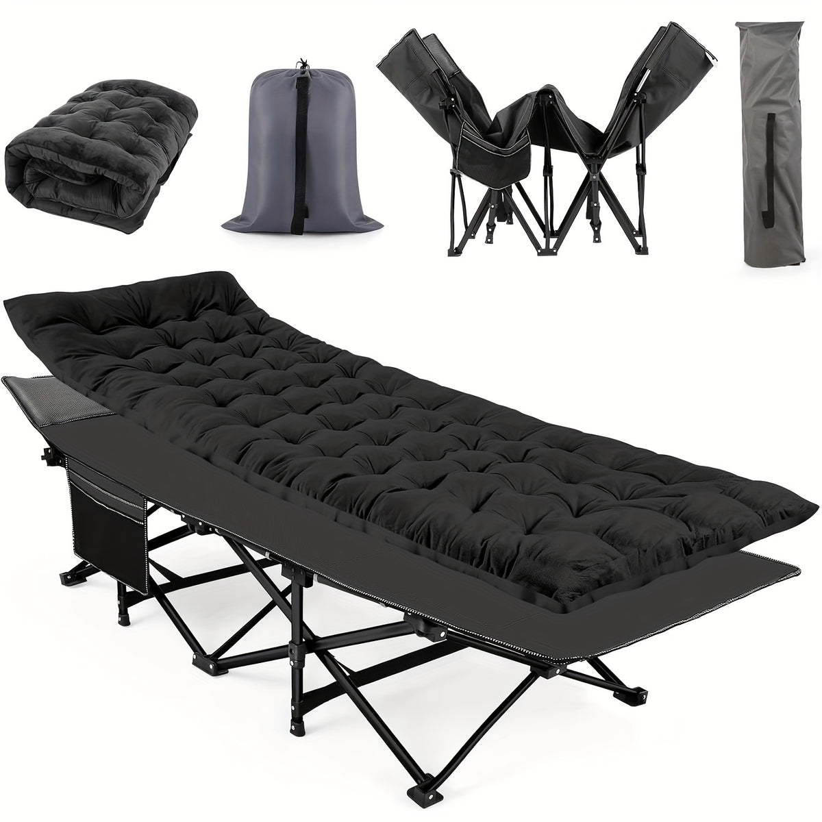 Camping Cots for Adults with Mattress, Chaise Lounges Folding Outdoor Camping Travel Cot with Pad 900LBS(Max Load), Lightweight, Stable, Durable Folding Bed with Carrying Bag