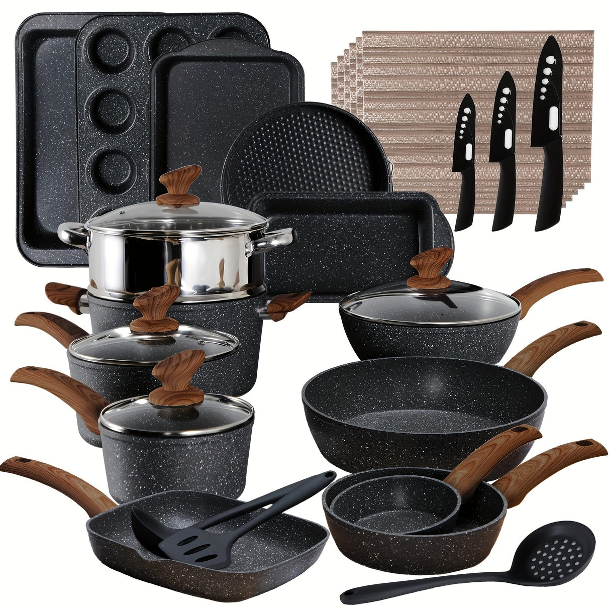 Kitchen Academy Pots and Pans Set Nonstick, 30 Pieces Induction Kitchen Cookware Set, Granite Coating Cooking Pans Set