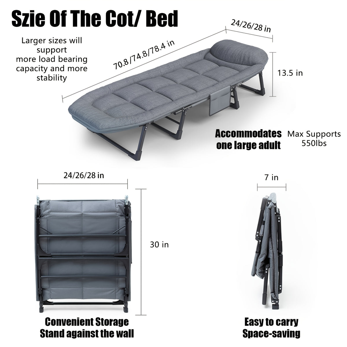 Sleeping Cots/Camping Cots for Adults 6 Adjustable Positions Portable Foldable Folding Cot with Pillow Heavy Duty Strong Frame Cot Bed for Camp, Travel, Room, Office