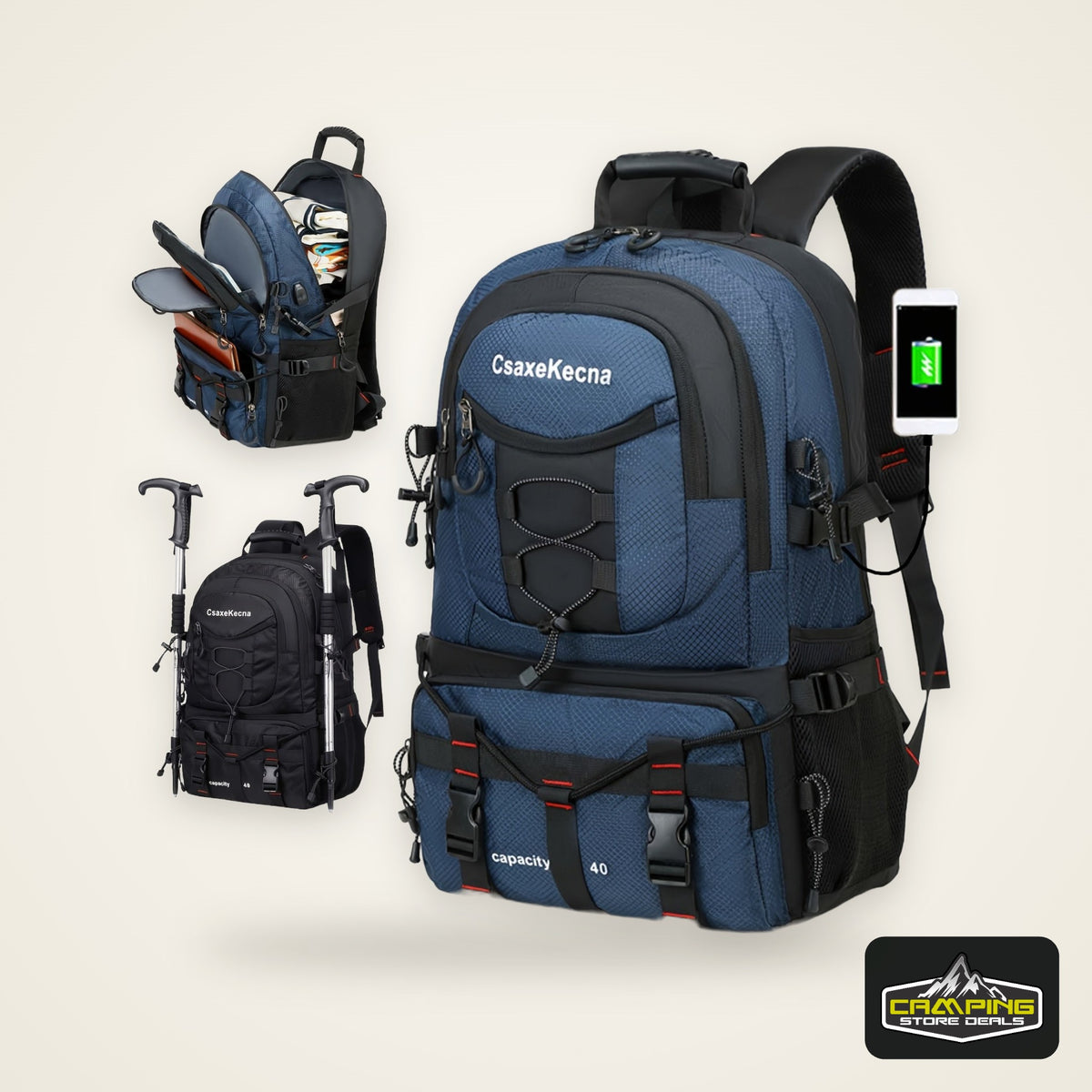 [40L CsakeKecna Backpack] CsakeKecna 40L Lightweight Hiking Backpack | Large Capacity Travel Climbing Rucksack with Laptop Compartment, USB Powered, Adjustable Straps, Zip Closure, Polyester Lining - Solid Color for Men and W