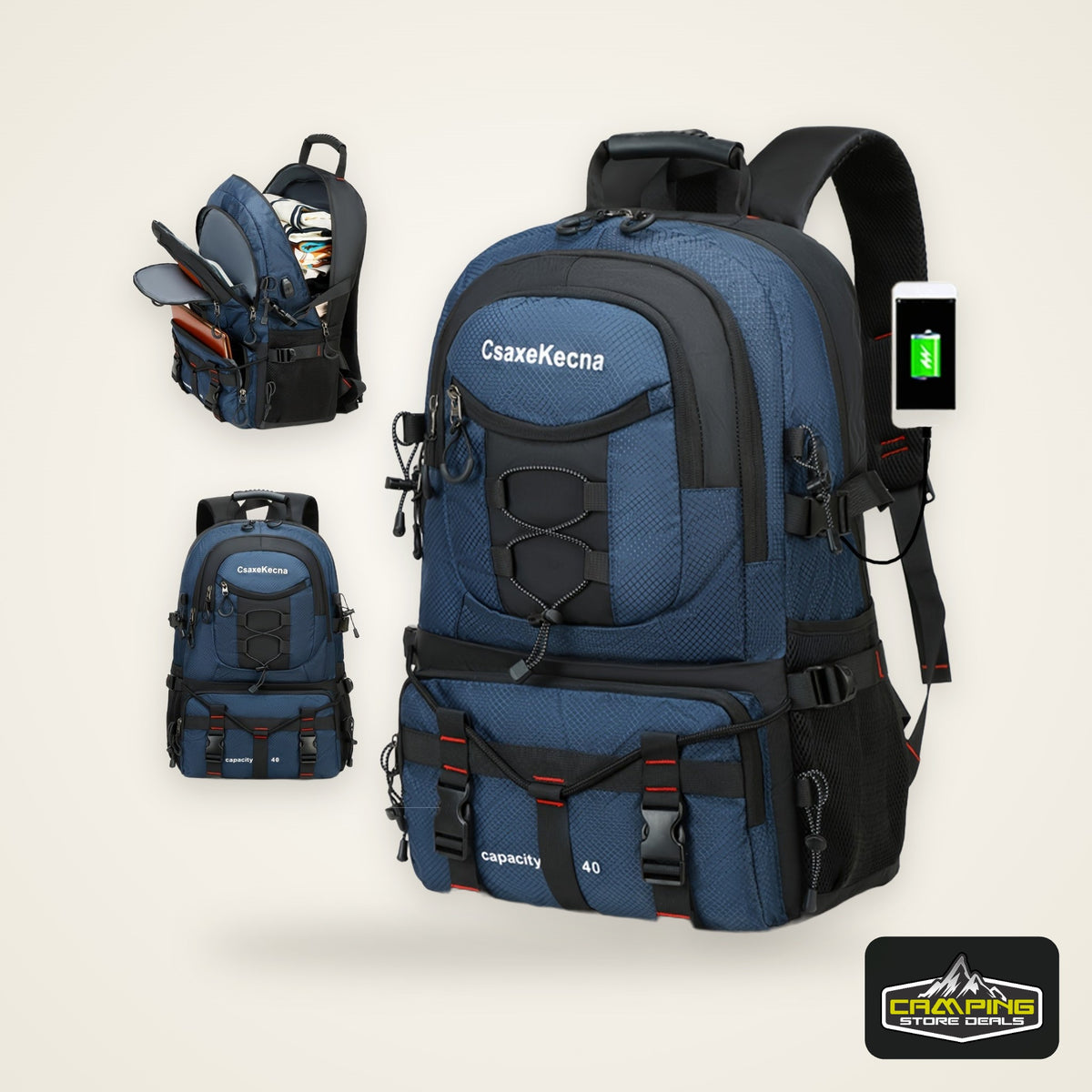 [40L CsakeKecna Backpack] CsakeKecna 40L Lightweight Hiking Backpack | Large Capacity Travel Climbing Rucksack with Laptop Compartment, USB Powered, Adjustable Straps, Zip Closure, Polyester Lining - Solid Color for Men and W